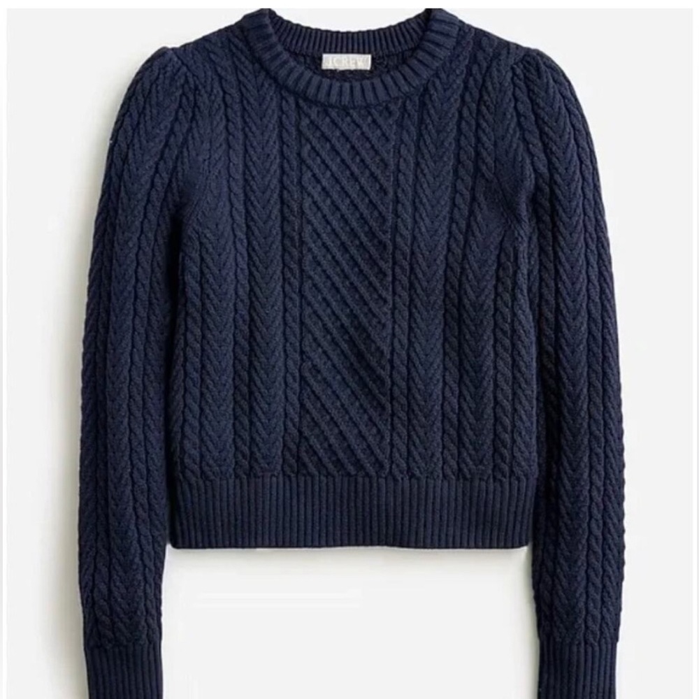 J. CREW Cable Knit Puff Sleeve Crewneck Fisherman Sweater in Navy Blue Sz Small